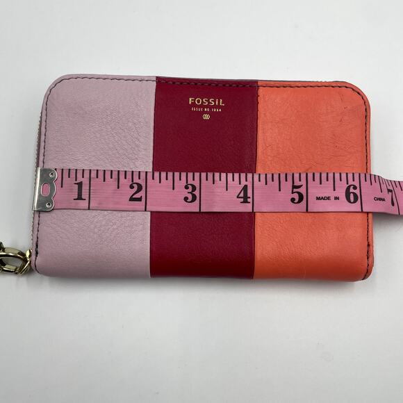 Fossil Sydney Zip Card Wallet Multi-Color Leather Colorblock Red Orange Pink - Picture 5 of 6